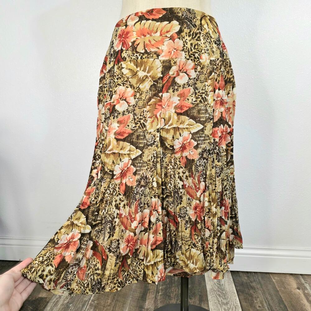 Y2K Floral Animal Print Midi Skirt Boho Flowy Brown Tropical Crinkle
